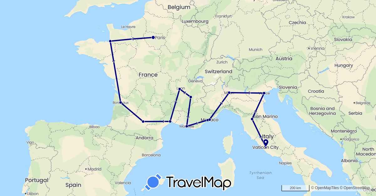 TravelMap itinerary: driving in France, Italy, Monaco (Europe)