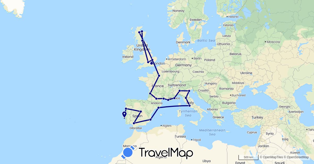 TravelMap itinerary: driving in Spain, France, United Kingdom, Italy, Monaco, Portugal (Europe)